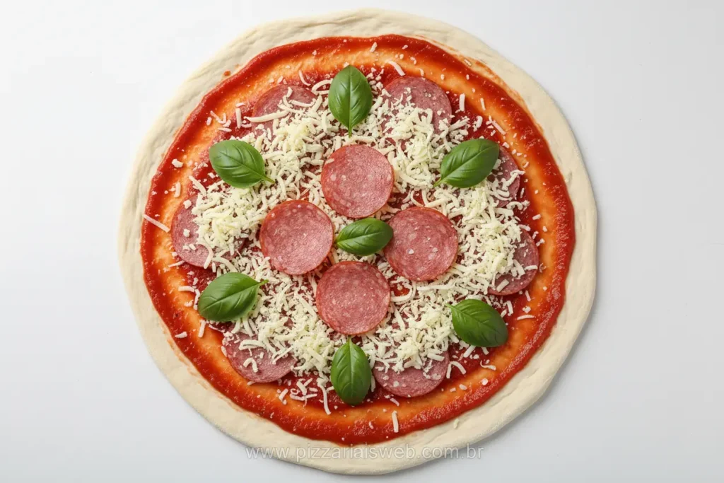 Montagem detalhada de uma pizza caseira antes de assar no forno