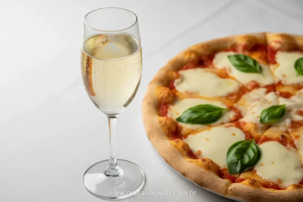 Espumante gelado e pizza branca com queijo e ervas